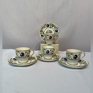 Antique Mintons Demitasse & Saucers Blue Flowers Turquoise Scrolls Pattern H2764